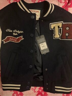 True Religion Black Varsity Jacket with Cream & Brown Patches
